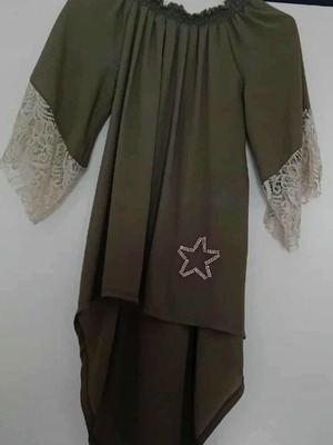 Khaki blouse with ecru lace on sleeves and belt new