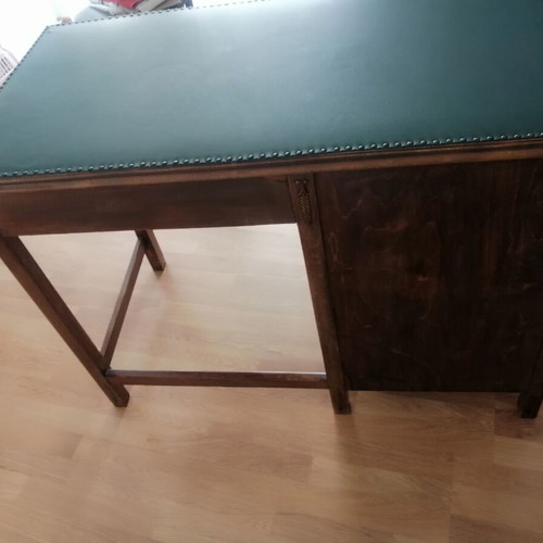 Vintage wooden desk used, walnut color with intact leather surface