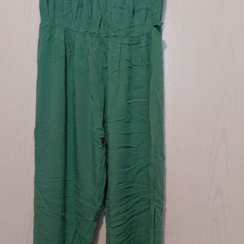 Strapless jumpsuit used, green, soft elastic bust, wide legs