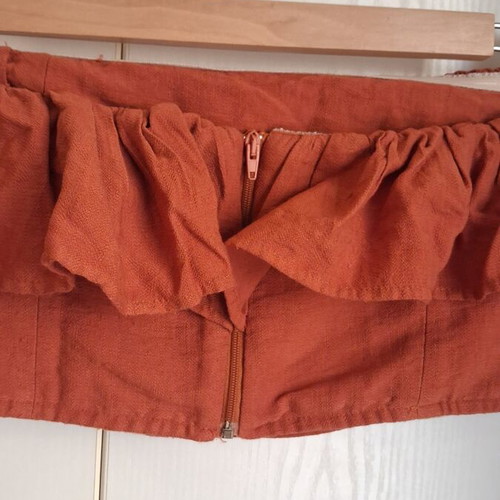 Mind Matter Strapless Crop Top with Ruffles Brick Red like new, size Medium