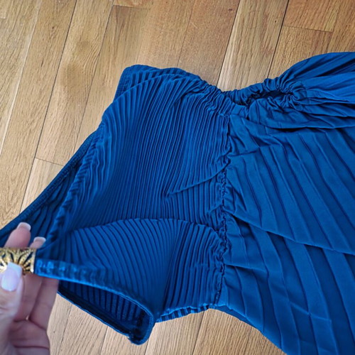 BS Boutique satin-look pleated dress, petrol, asymmetric hem, XS