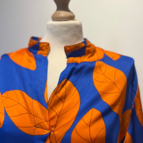 Statement satin tunic shirt dress like new, blue and orange leaf print