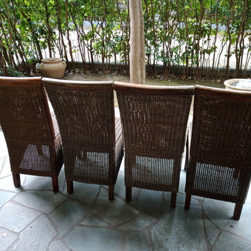 Rattan dining set used, glass table with 4 chairs for indoor and outdoor