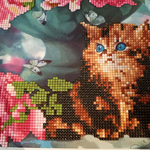 Diamond painting Cat with Flowers complete, like new, canvas 30x40