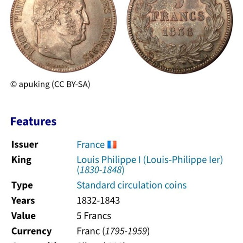 Silver coin 5 Francs 1837 used, 25gr silver 900/1000