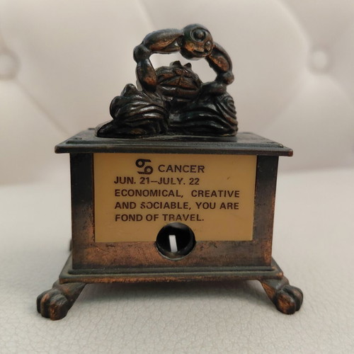 Vintage metal pencil sharpener with Cancer zodiac sign, 1970s