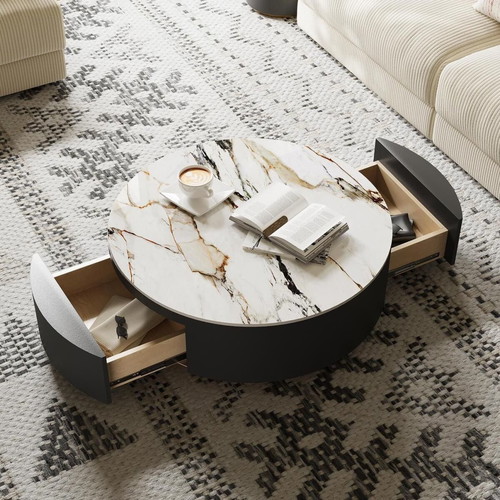 Modern coffee table with oak veneer and sintered stone top, new