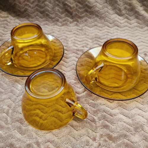 Bormioli VitroSax Italy cups and plates used, set of 5, vintage '70