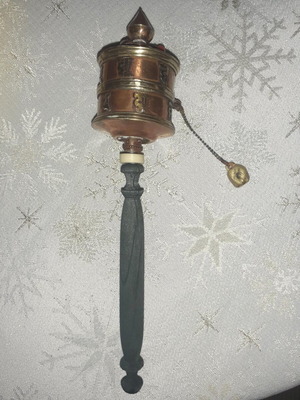 Tibetan Prayer Wheel like new with wooden handle and copper