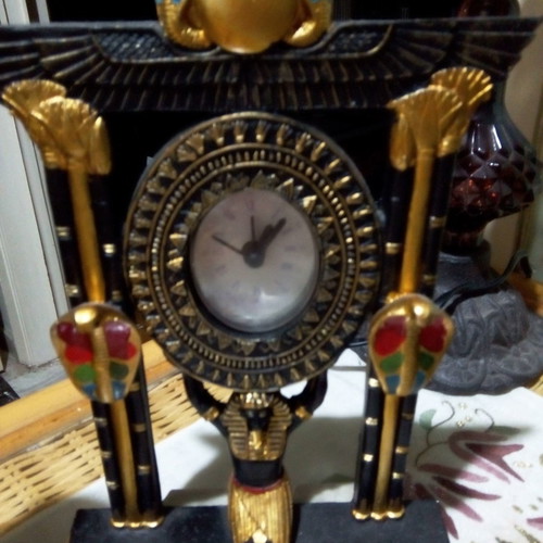 Ethnic table clock and two candle holders set used, Egyptian style