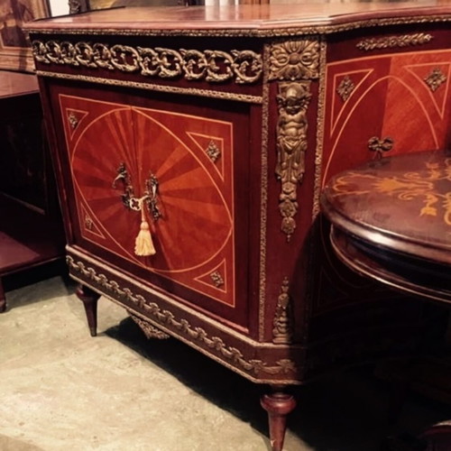 Classic handmade bayou style sideboard with marquetry and ormolu mounts
