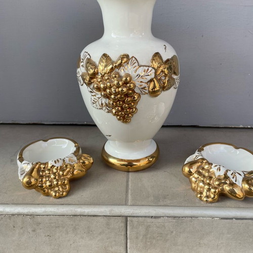 Porcelain vase gilded like new with grape designs and two ashtrays
