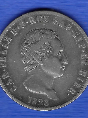 Sardinia 5 lire 1828 coin used, silver .900