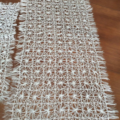 Set of two handmade white lace table runners with fringes like new