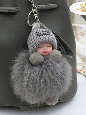 Keychain with Pompon Sleeping Baby new, gray