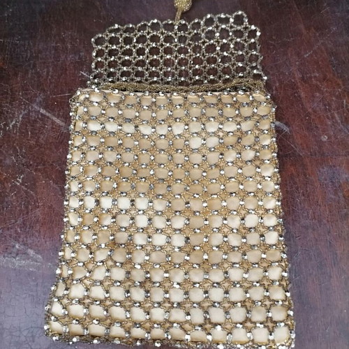 Evening bag used, gold-yellow shoulder with beaded chain strap