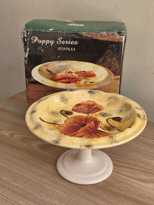 Vintage κεραμική πιατέλα με πόδι Poppy Series, καινούργια, με κουτί