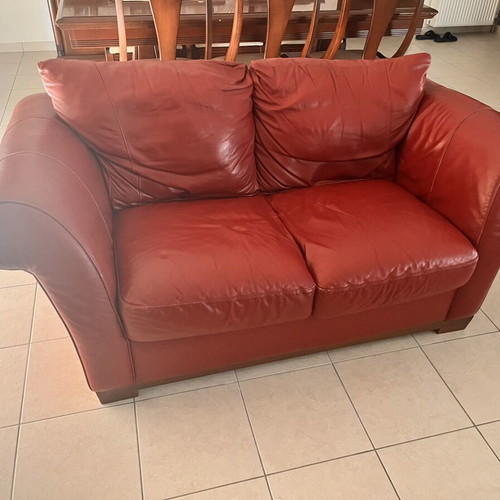 Italsofa leather armchair and 2-seater sofa, burgundy red