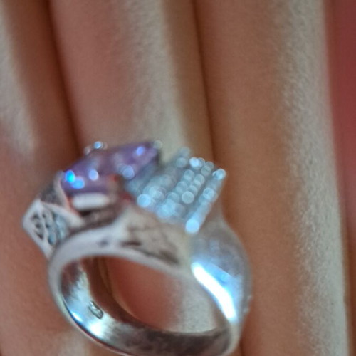 Silver platinum-plated ring with engraving and pink transparent stone like new