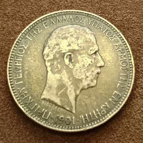 5 Drachmae 1901 Cretan State coin used, VF 25-30 condition