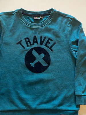 Children's petrol sweatshirt with embossed TRAVEL design and airplane, size 8