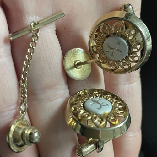 Anson vintage men's cufflinks and tie pin set gold 1970s like new