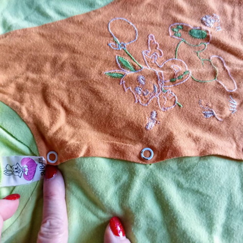 Baby footed romper used, orange and light green, 3-6 months