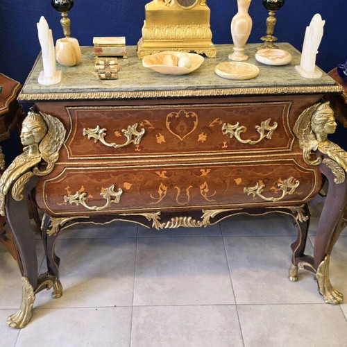 Louis XV Bombé Commode with Marquetry, Marble & Bronze Busts like new