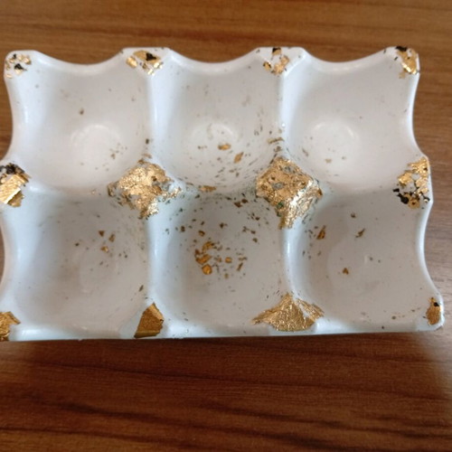 Handmade porcelain egg holder with gold leaf decoration, new