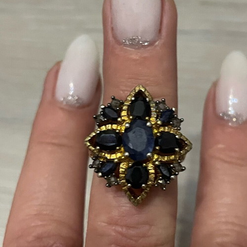Gold ring 9k and silver 925 with sapphires and diamonds vintage used