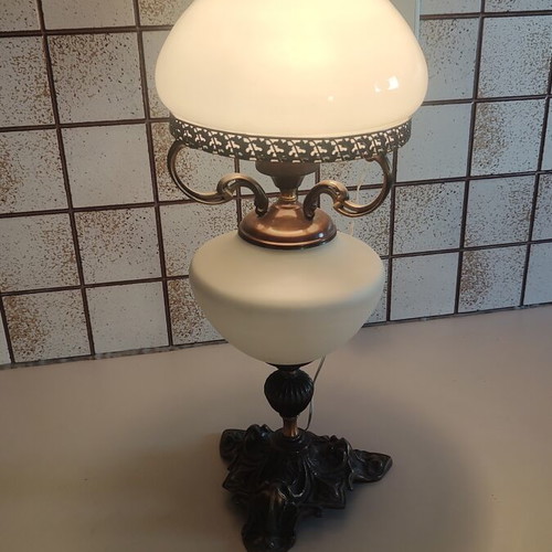 Vintage opaline table lamp used, brass, 55cm height