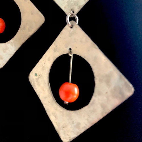 Silver earrings like new with orange stones, vintage 70s look