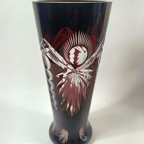 Bohemian ruby red crystal vase, handmade, 1960s-70s