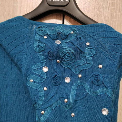 Turquoise cardigan with ribbon and crystals vintage style like new