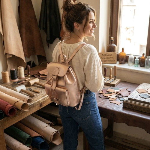 Handmade gold leather backpack new from Greek workshop