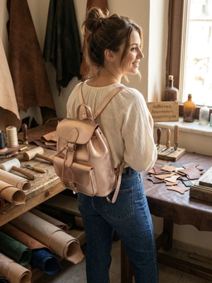 Handmade gold leather backpack new from Greek workshop
