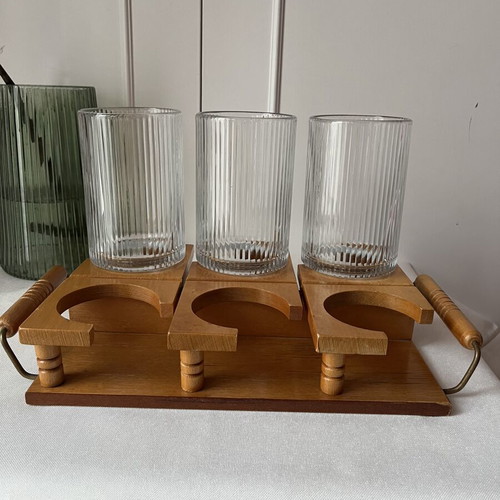 Vintage wooden tray with 6 circular slots, Mid-Century Modern style