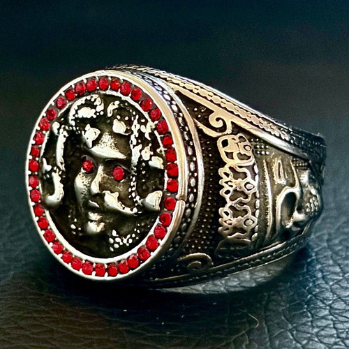 Medusa Gorgon ring, 316L stainless steel with red cubic zirconia