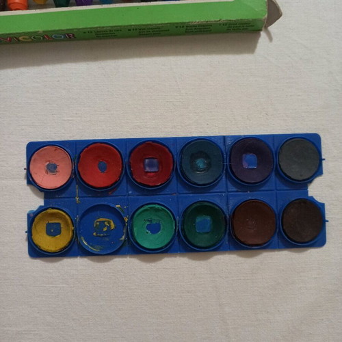 Painting colors used, sets of watercolors and crayons