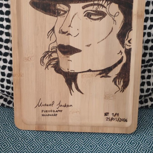 Michael Jackson pyrography on bamboo wood like new
