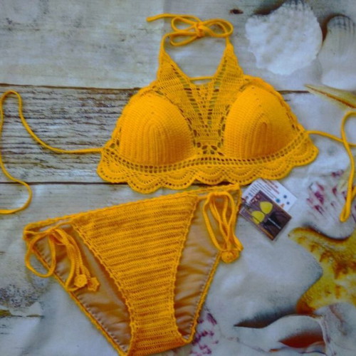 Handmade knitted swimsuit new, size M/L, yellow