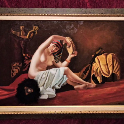 Signed oil painting Nude Musician with frame like new