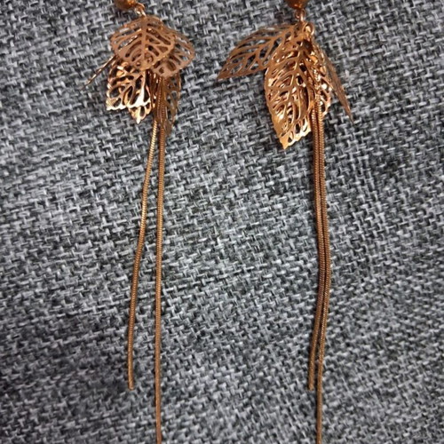 Earrings like new yellow with leaf design and double asymmetric chain, 12 cm