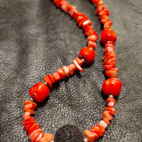 Handmade coral, lava & 925 silver necklace, 44 cm