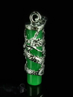 Chinese Necklace with Malaysian Jade Green Dragon New, Polished Tibetan Silver