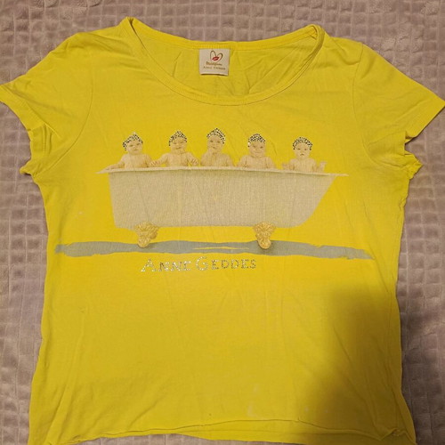 Yellow top medium used with rhinestones and Anne Geddes design