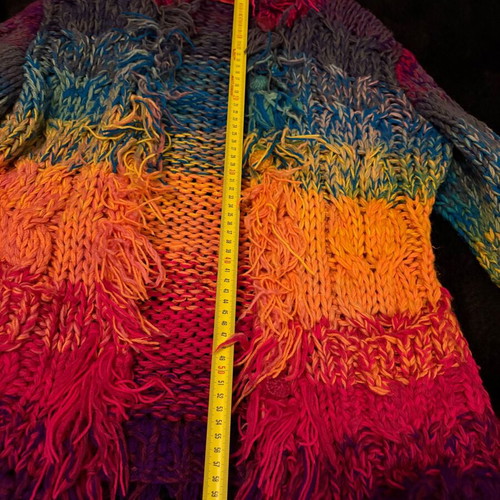 Handmade knitted cardigan rainbow hippie style with hood and fringes