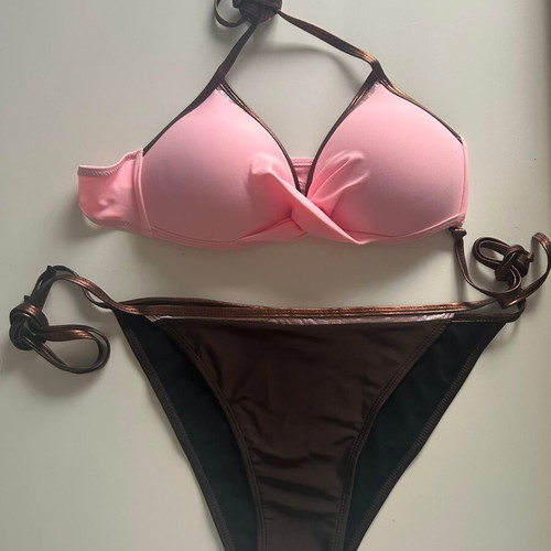 Bikini swimsuit triangle with ties and bra, new, brown, size L