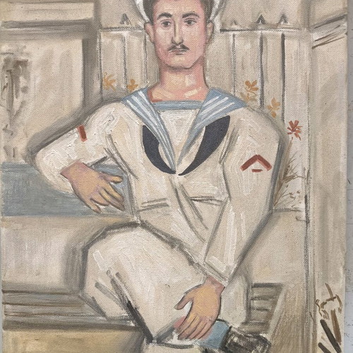 Sailor on Bench painting like new, mixed media