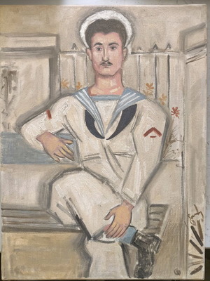 Sailor on Bench painting like new, mixed media